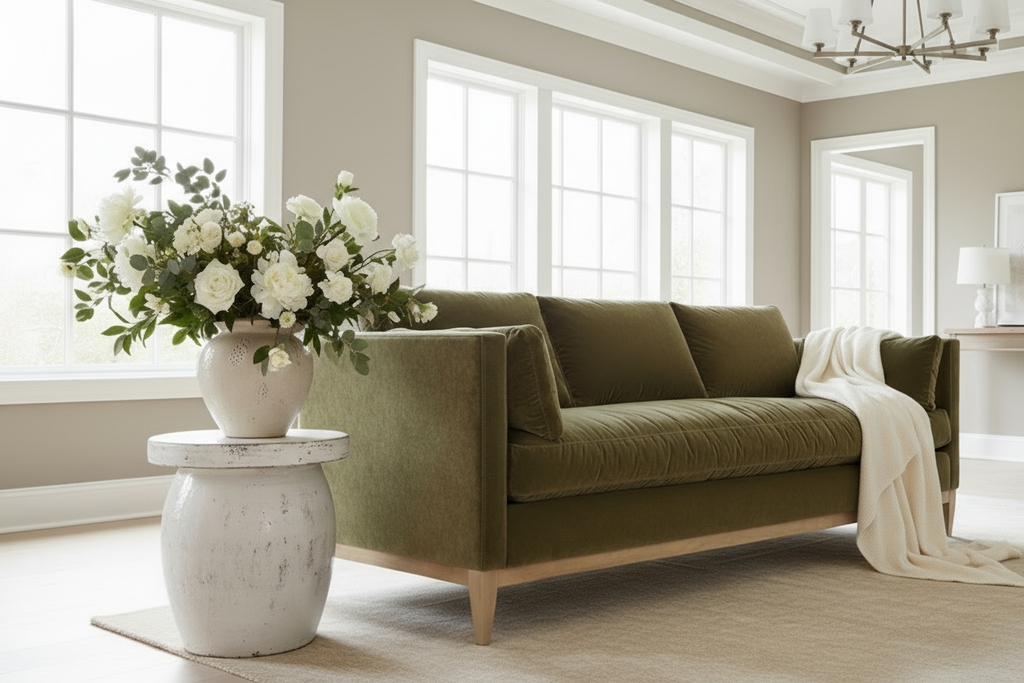 Sofa Single Bench Seat Moss Green Velvet 86 Inch Couch