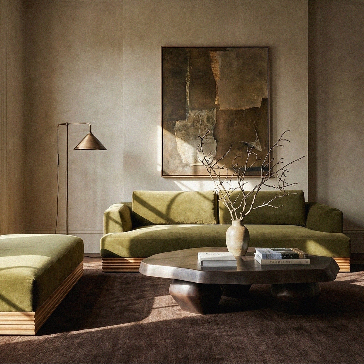 Sofa: Slatted Wood Base and Organic Modern Living Room