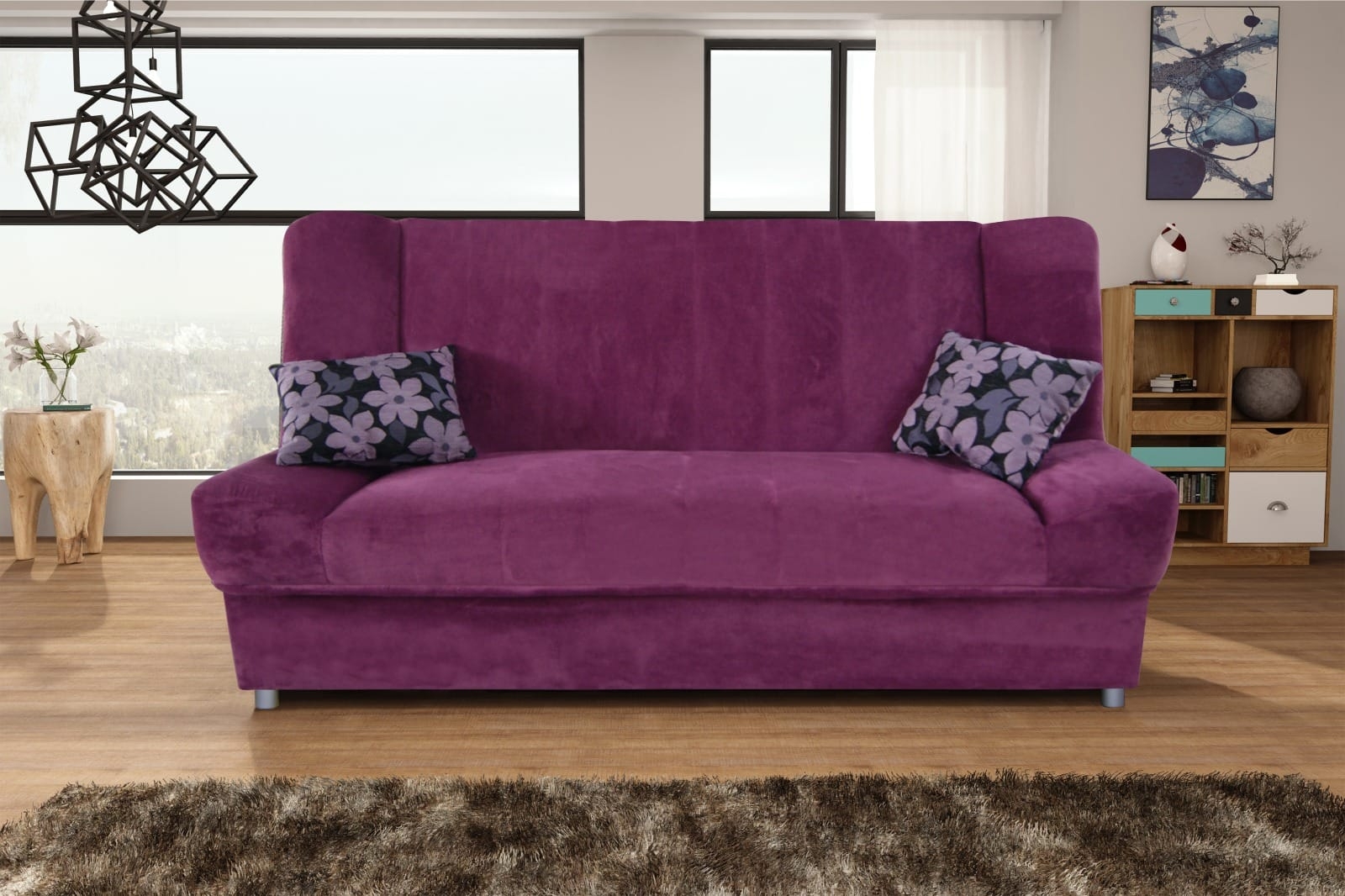 Sofa Sleeper Vibrant Purple with Floral Accent Pillows