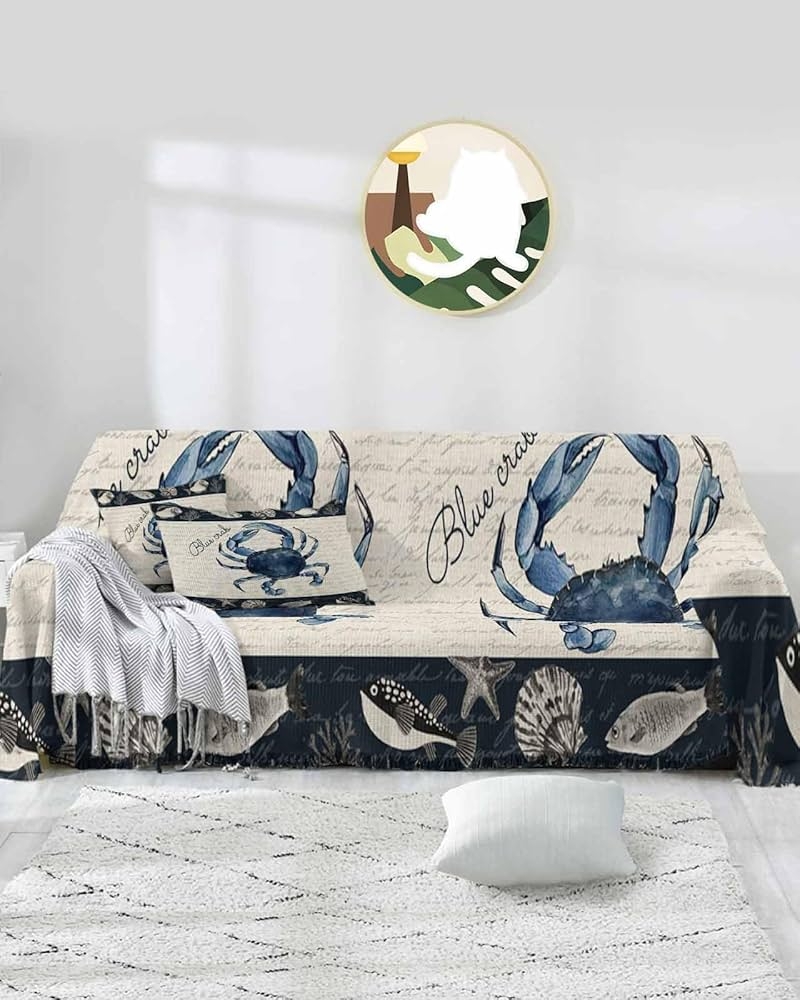 Sofa Slipcover with Blue Crab Print Coastal Blue Crab Slipcover