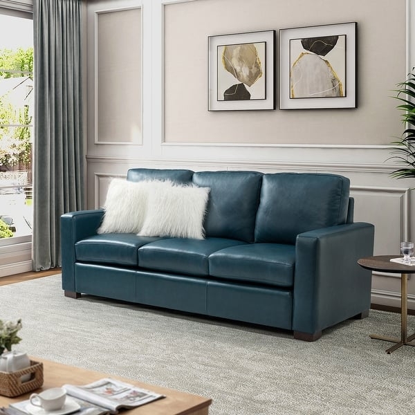 Sofa Teal-Blue Leather-Like Squared Arms Couch Set