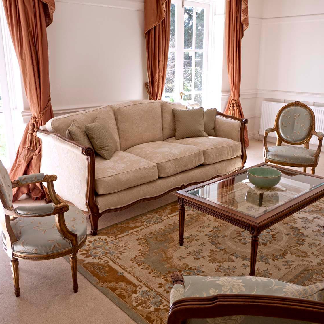 Sofa Three Cushion Seat Walnut Wood Beige European Settee