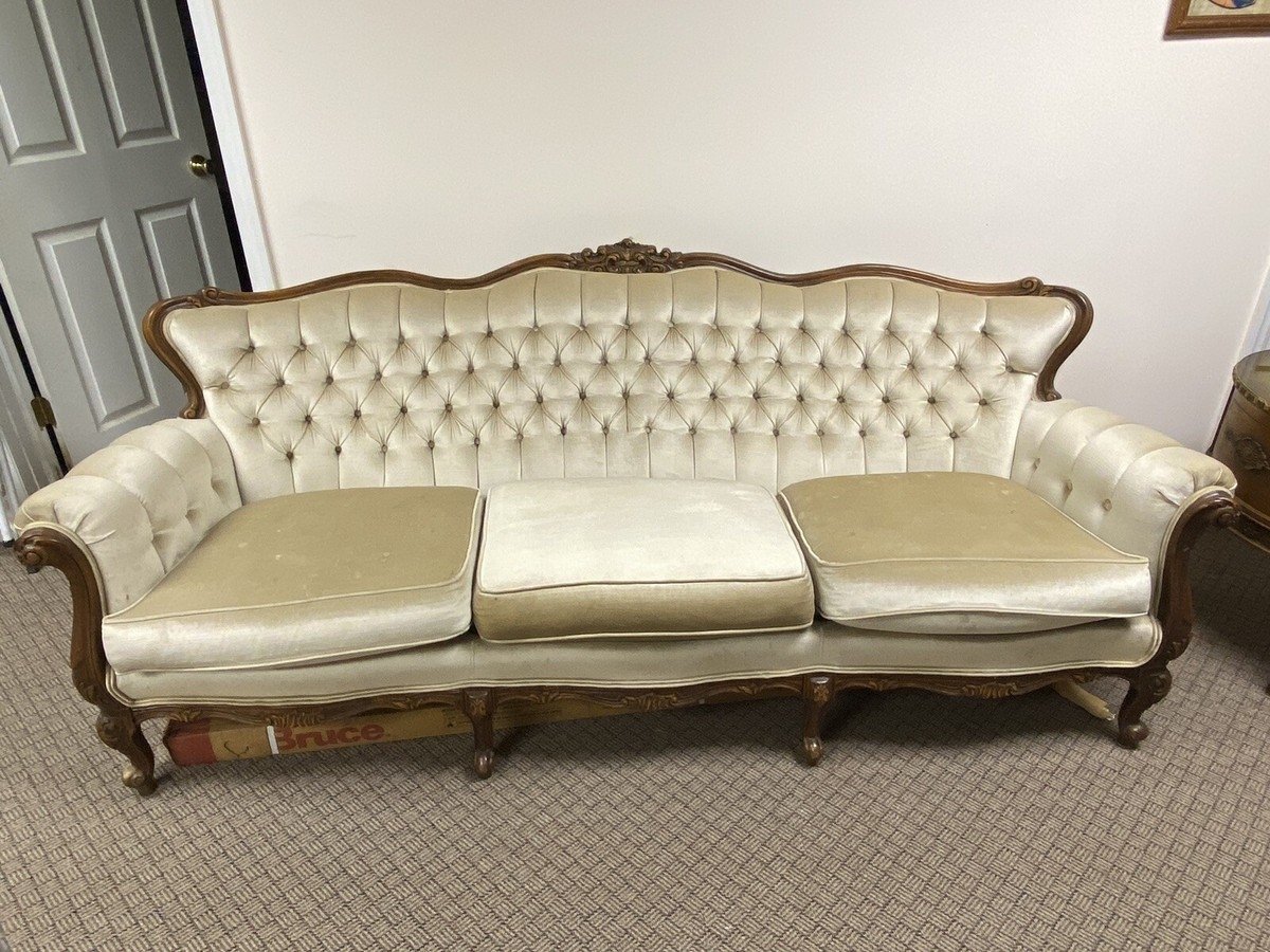 Sofa Triple Arch Back Walnut Diamond Tufted Wood Couch