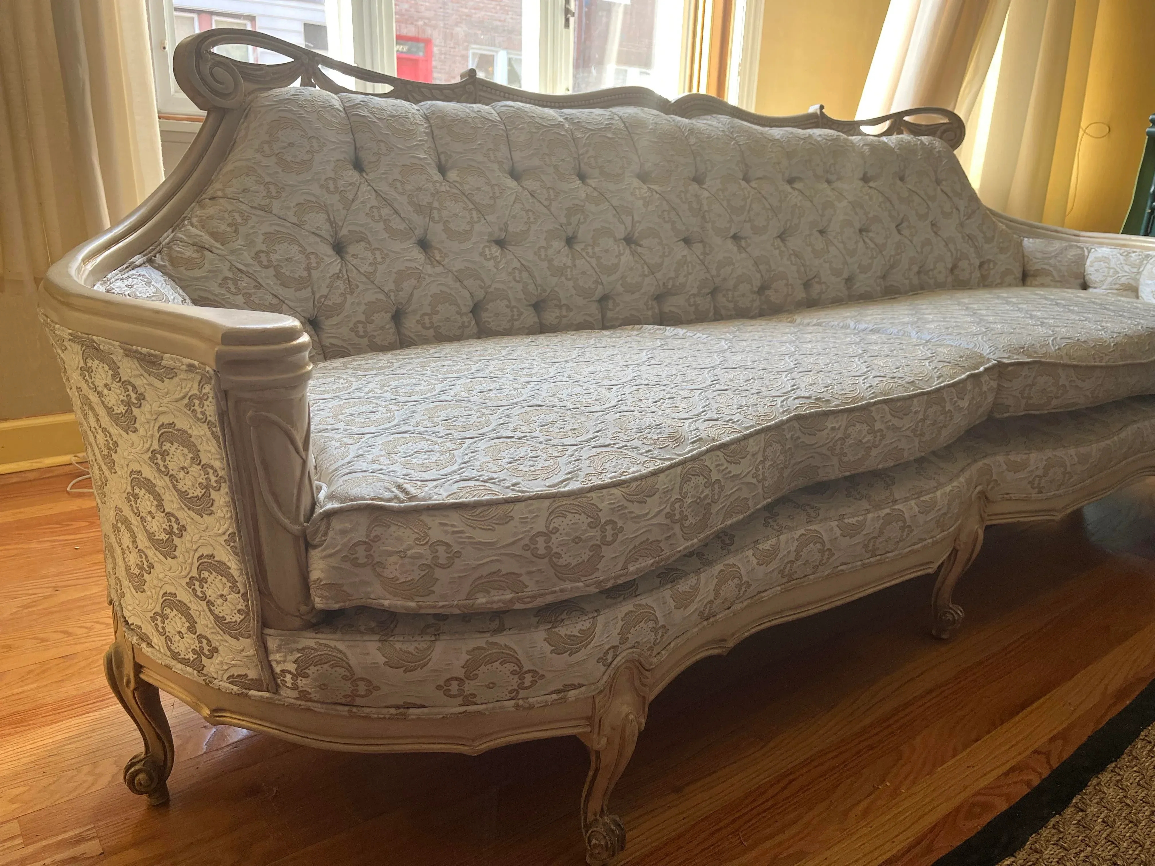 Sofa Tufted Back Champagne Gold Damask Wood Frame Couch