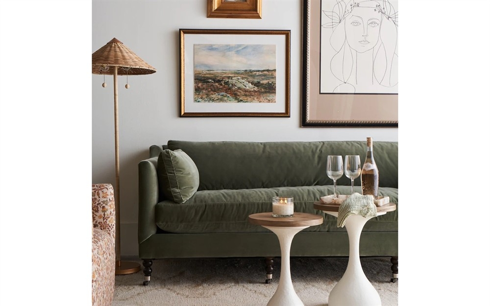 Sofa: Turned Legs with Casters and Woven Conical Shade