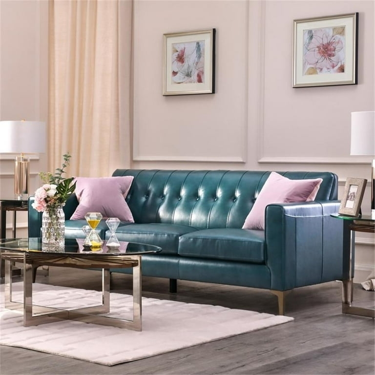 Sofa Turquoise Leather Tapered Gold Legs Living Room