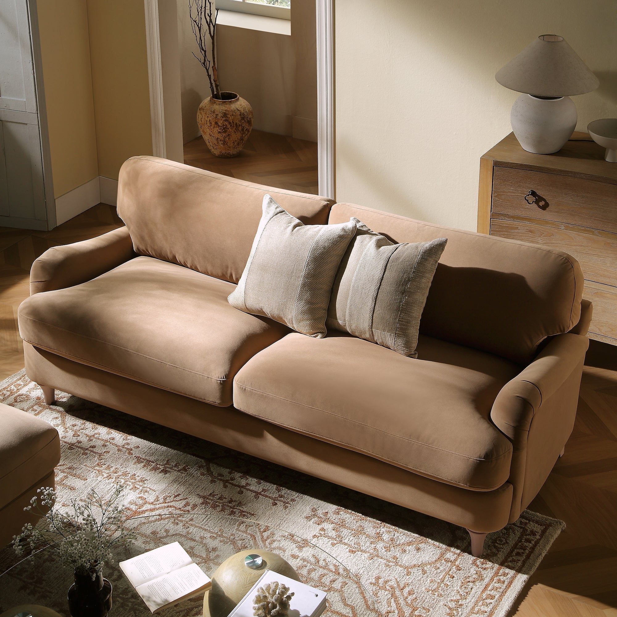 Sofa Two Cushion Seat Tapered Wood Legs Velvet Home