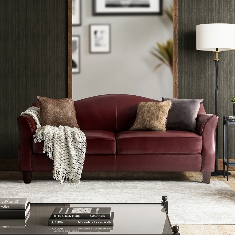 Sofa with Camelback Silhouette and Deep Red Leather Seating