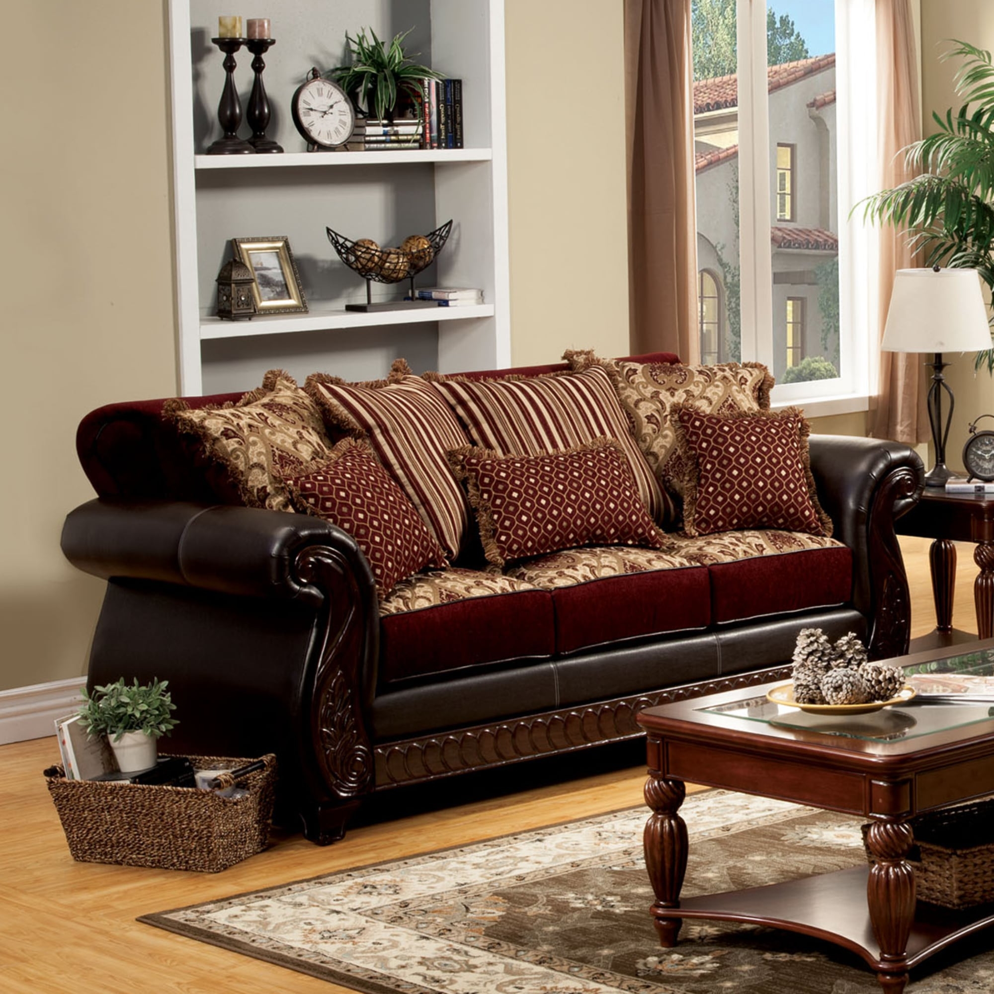 Sofa with Carved Wood Trim and Ornate Dark Brown 3-Seater