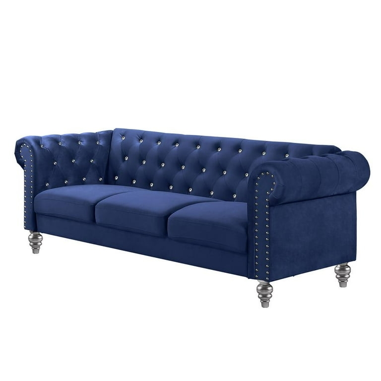 Sofa with Crystal Buttons and Silver Bun Feet in Blue