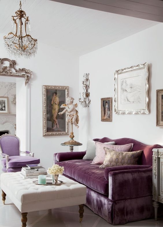 Sofa with Deep Purple Velvet and Ornate Gallery Wall