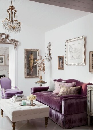 Sofa with Deep Purple Velvet and Ornate Gallery Wall