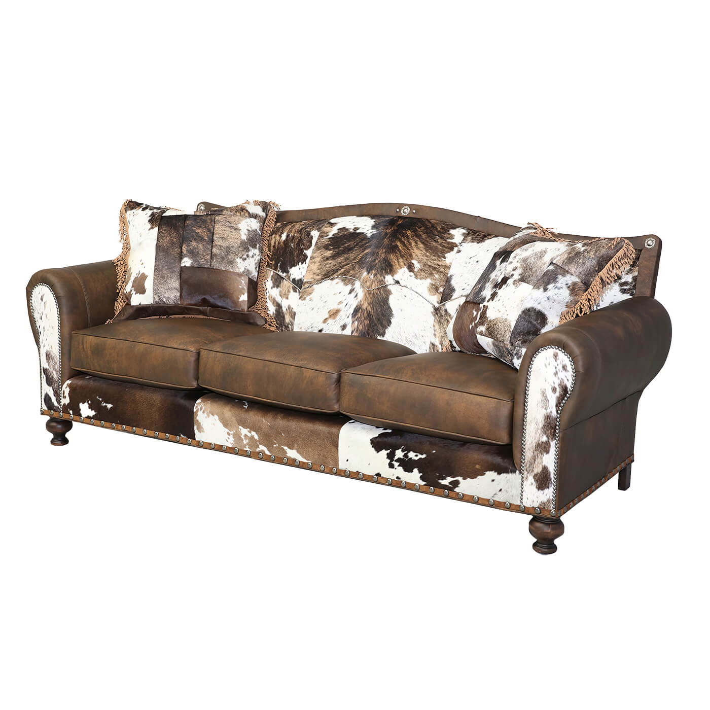 Sofa with Fringed Pillows and Cowhide Upholstery Panels