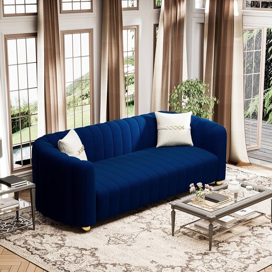 Sofa with Gold Ball Legs and Cobalt Blue Channel Tufting
