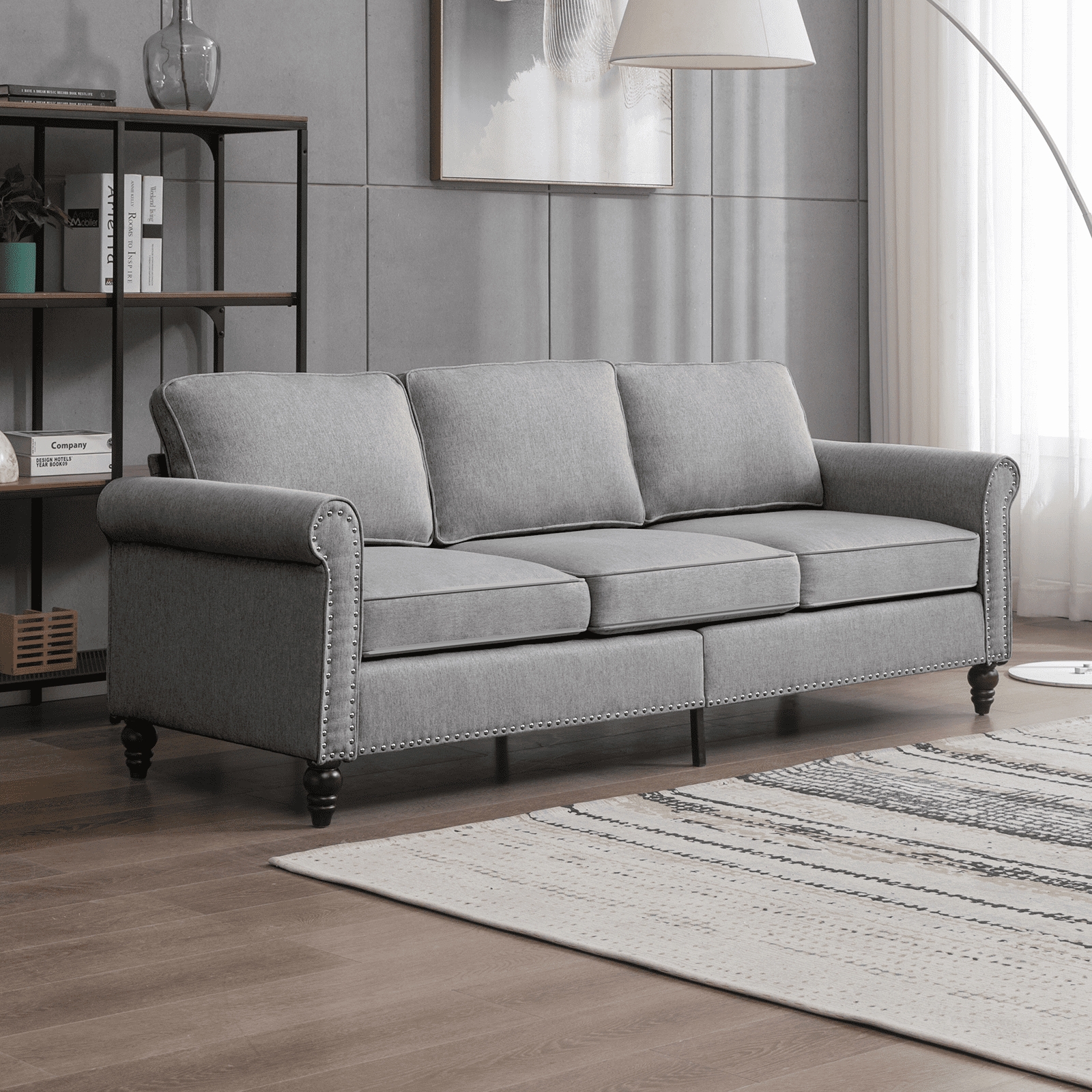 Sofa with Linen Fabric and Traditional Turned Wood Legs