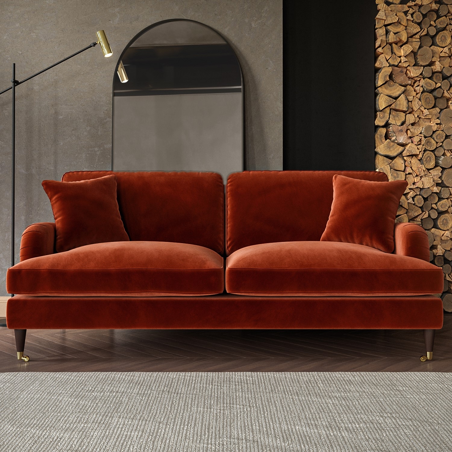 Sofa with Low Rolled Arms and Polished Brass Casters