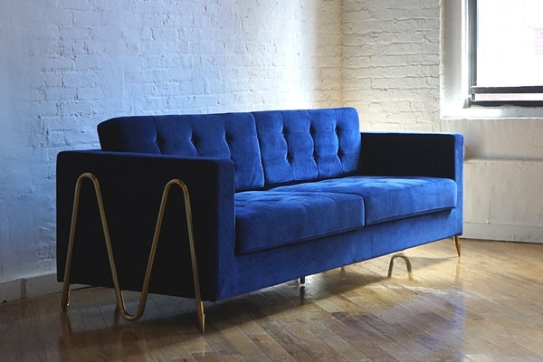 Sofa with M Shaped Gold Legs and Sculptural Base in Blue
