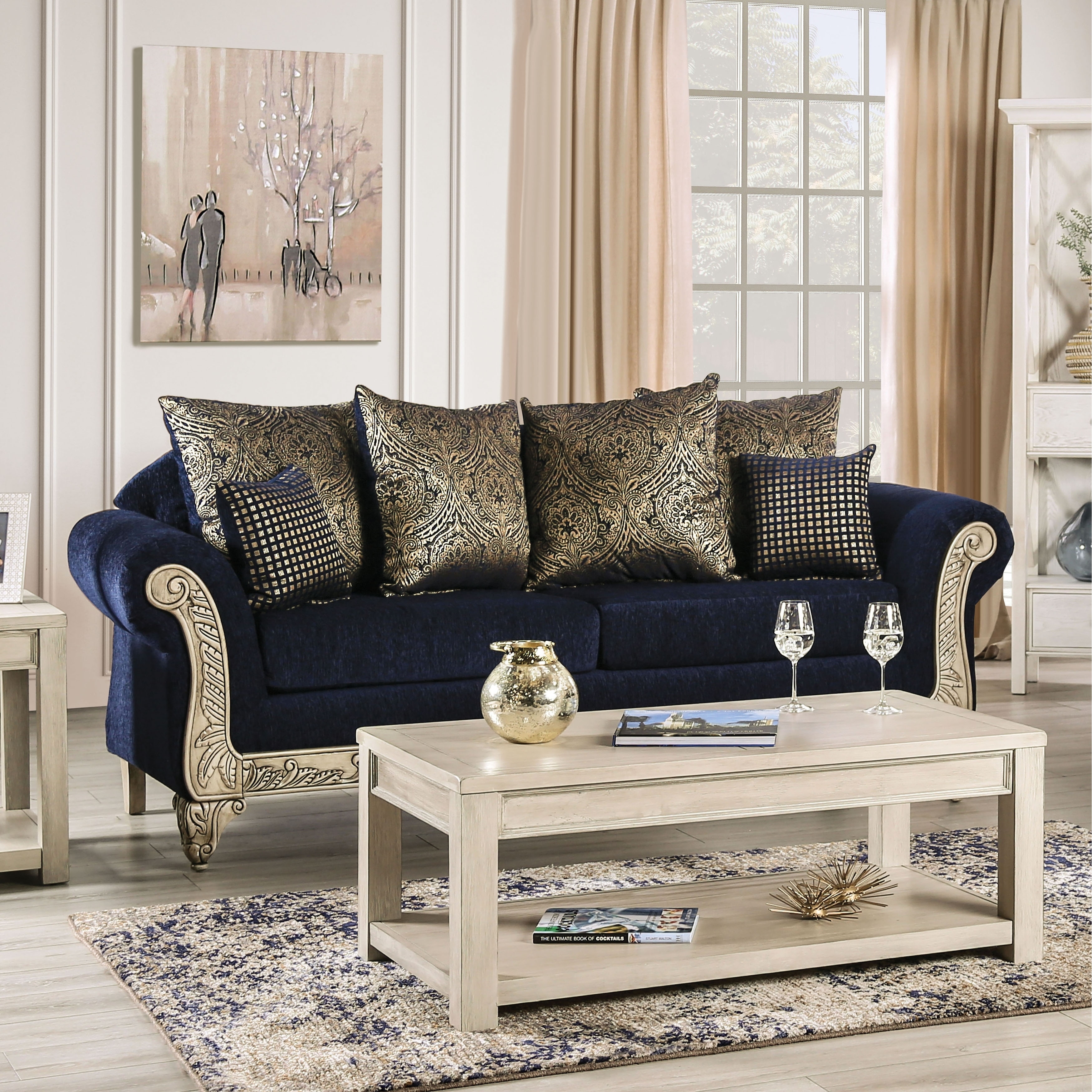 Sofa with Royal Blue Chenille and Ornate Carved Trim