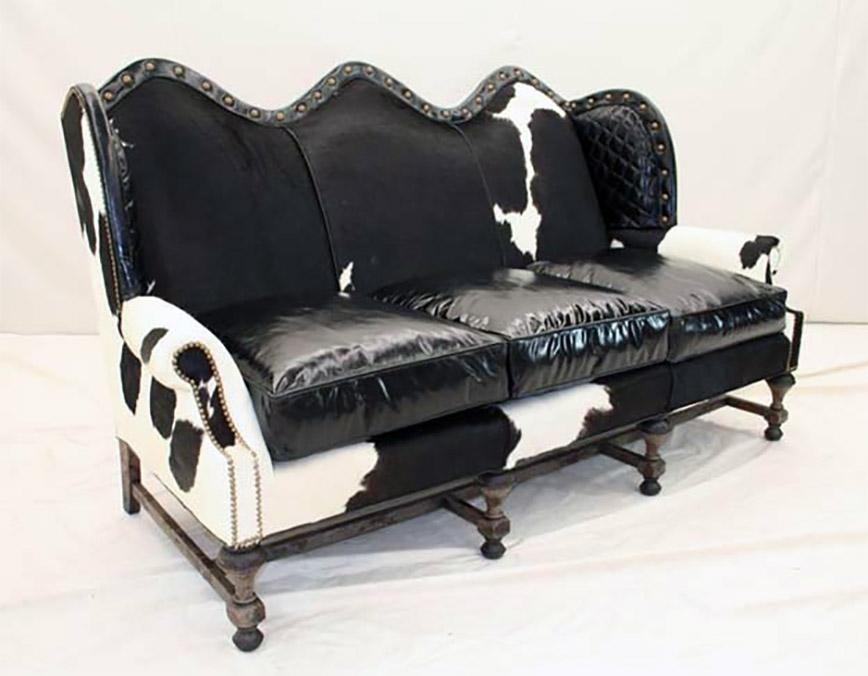 Sofa with Scalloped Back and Black White Cowhide Panels