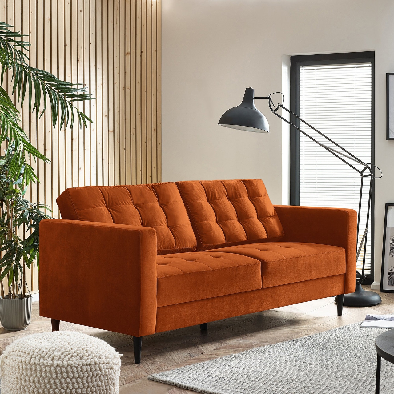 Sofa with Square Tufted Back and Wood Slat Backdrop