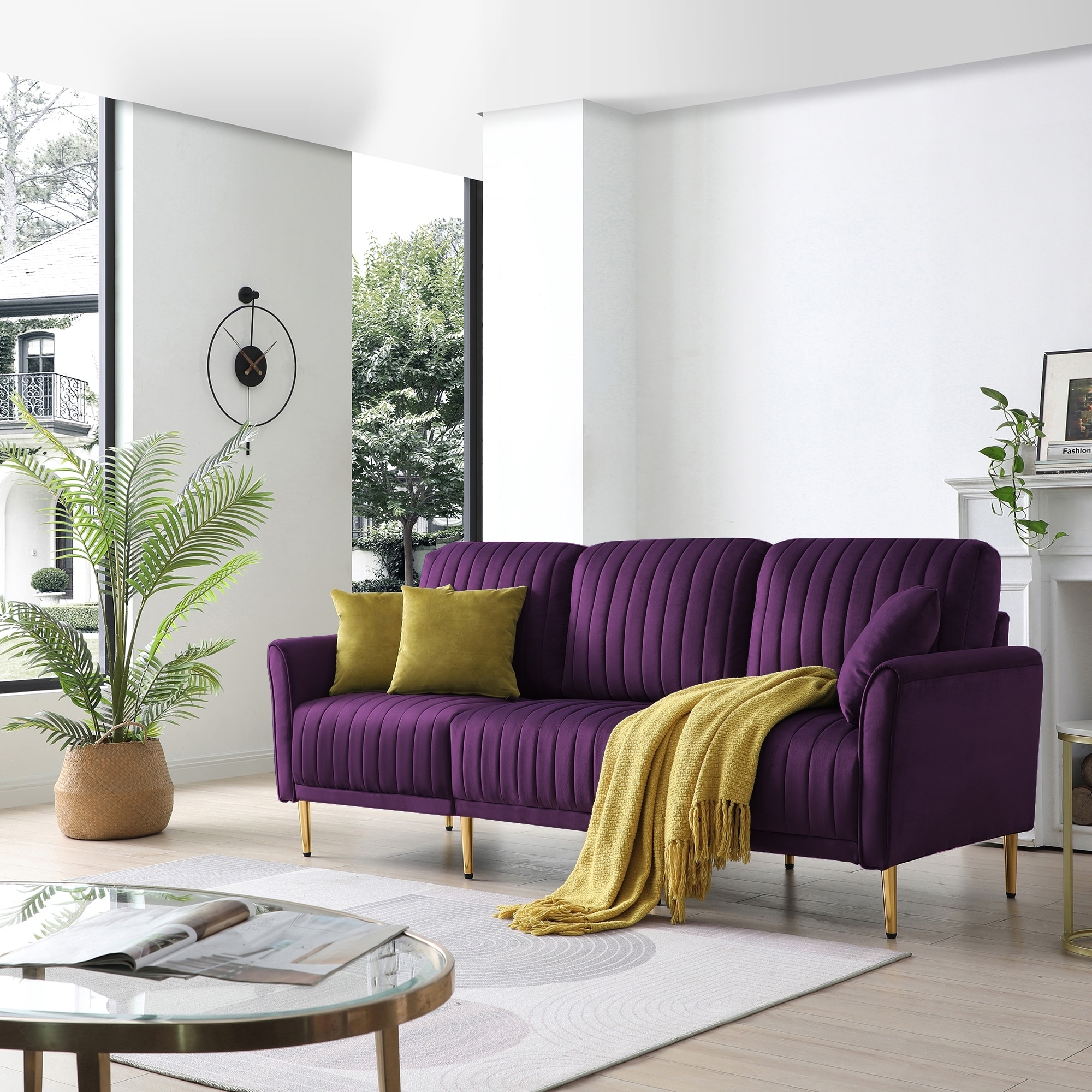 Sofa with Tapered Gold Legs in Deep Purple Velvet