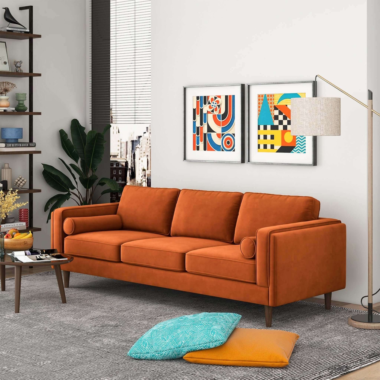 Sofa with Tapered Wood Legs and Bolster Pillows