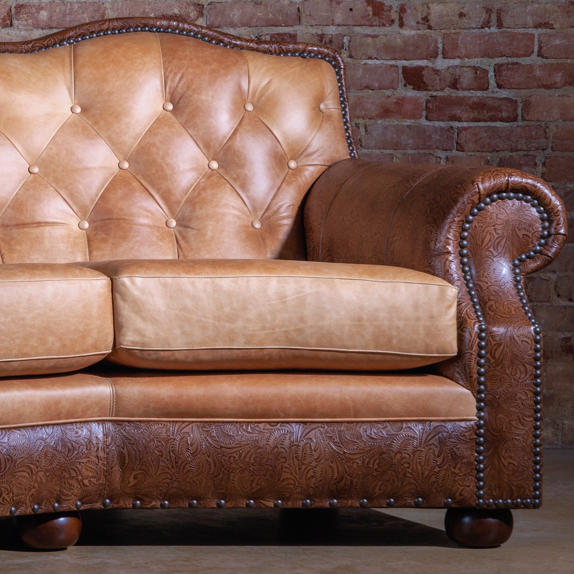 Sofa with Tooled Accents: Lodge Style Seating in Caramel