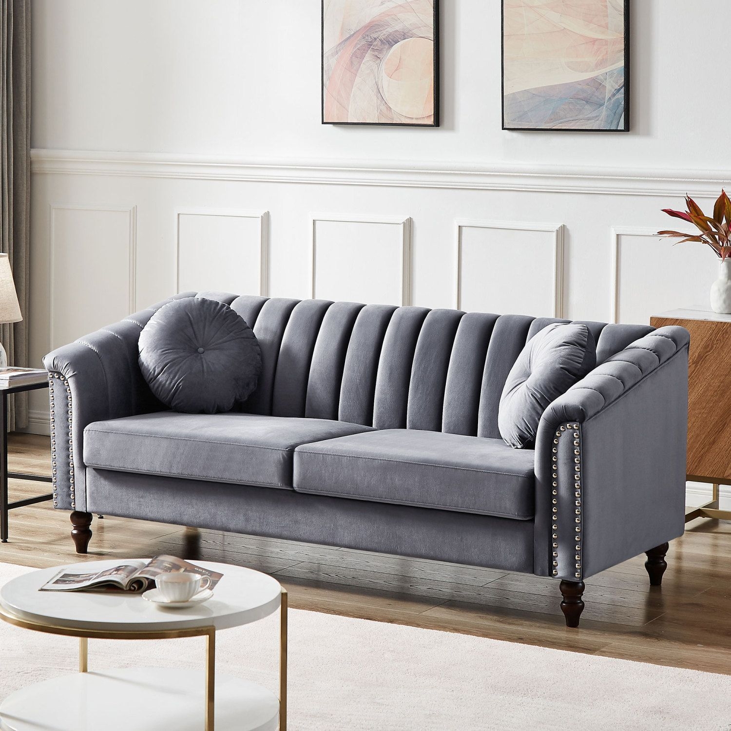 Sofa with Vertical Channel Tufting and Silver Nailhead Trim