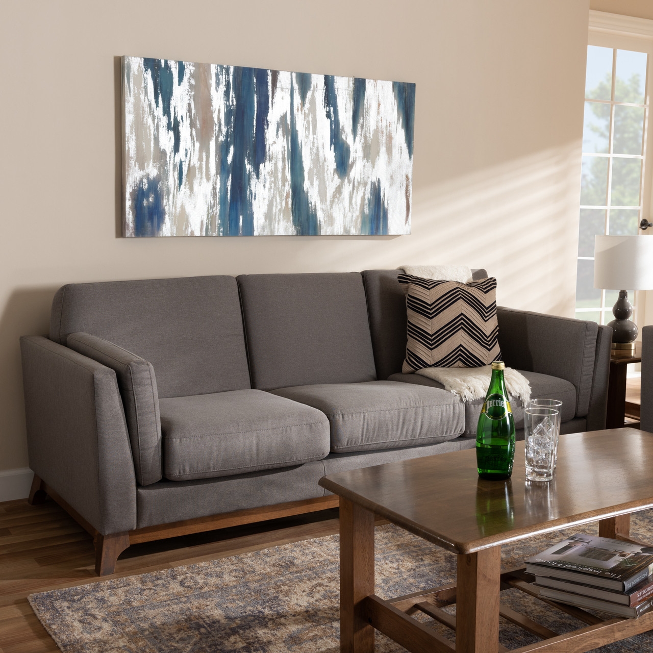 Sofa with Walnut Wood Base and Tapered Leg Fabric Frame