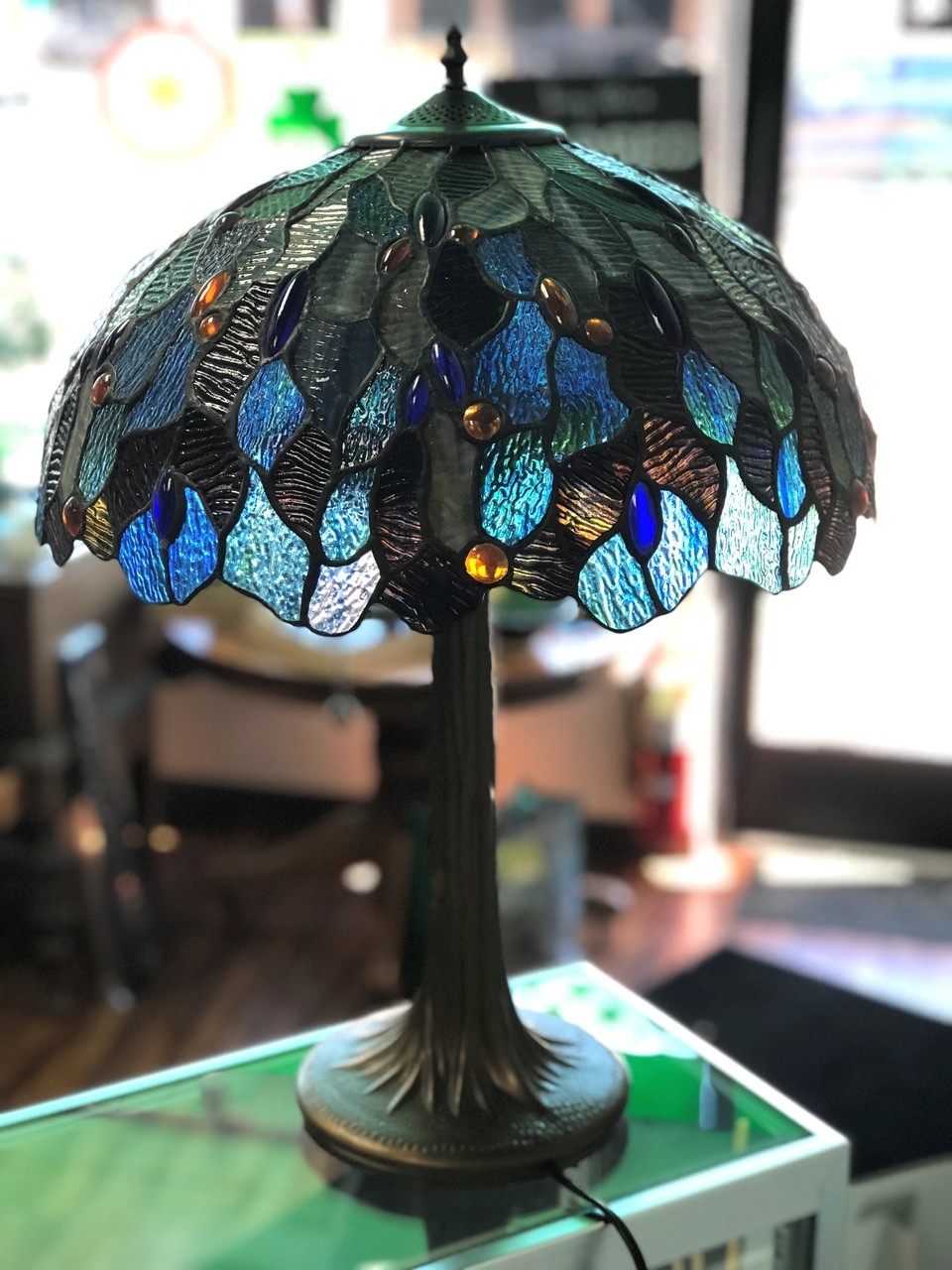 Stained Glass Table Lamp with Tree Base and Peacock Pattern