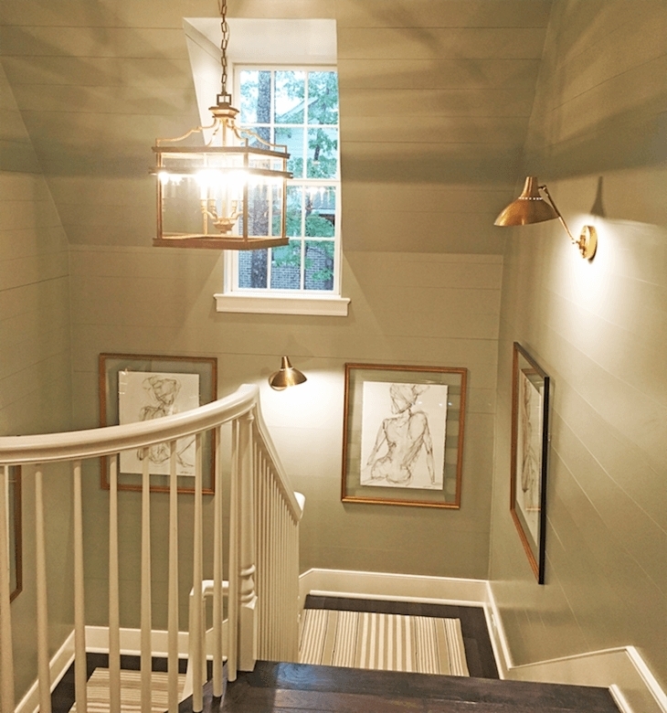 Staircase with sage shiplap and sage green shiplap staircase decor