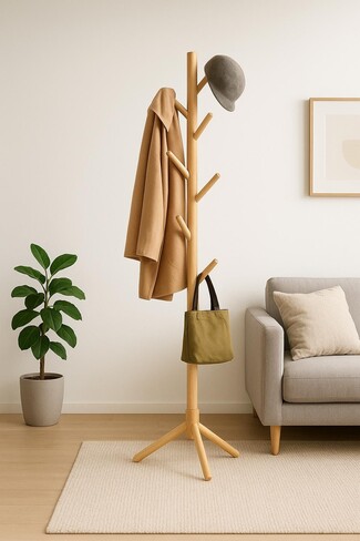 Standing Coat Rack featuring Tripod Base and Branch Hooks