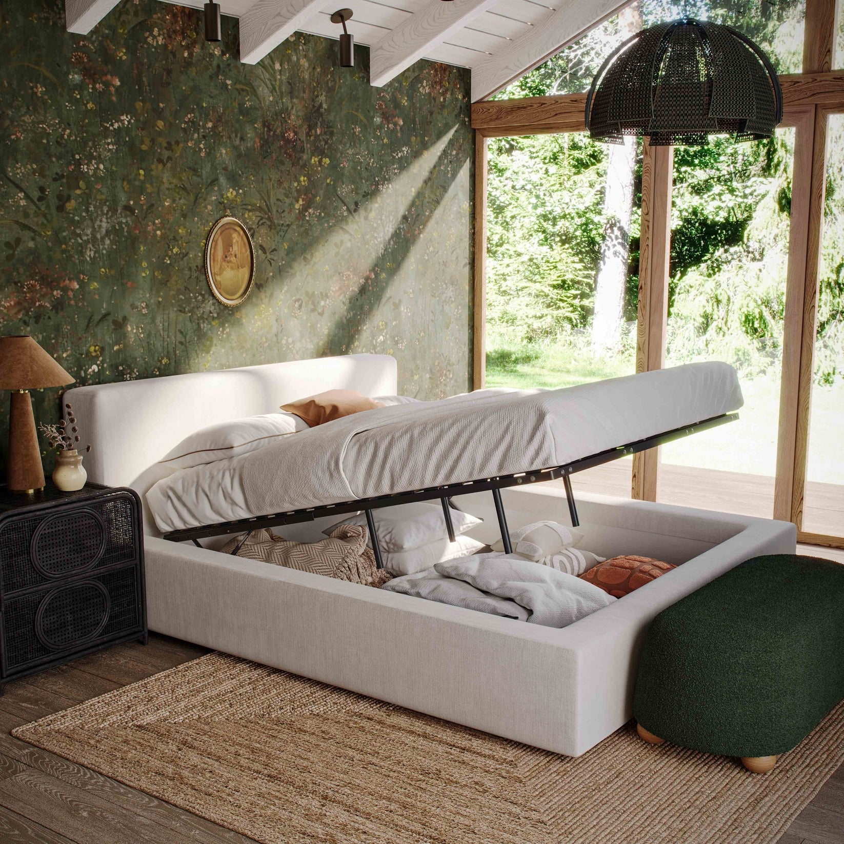 Storage Bed: Cream Upholstered Lift Up Base with Hidden Storage