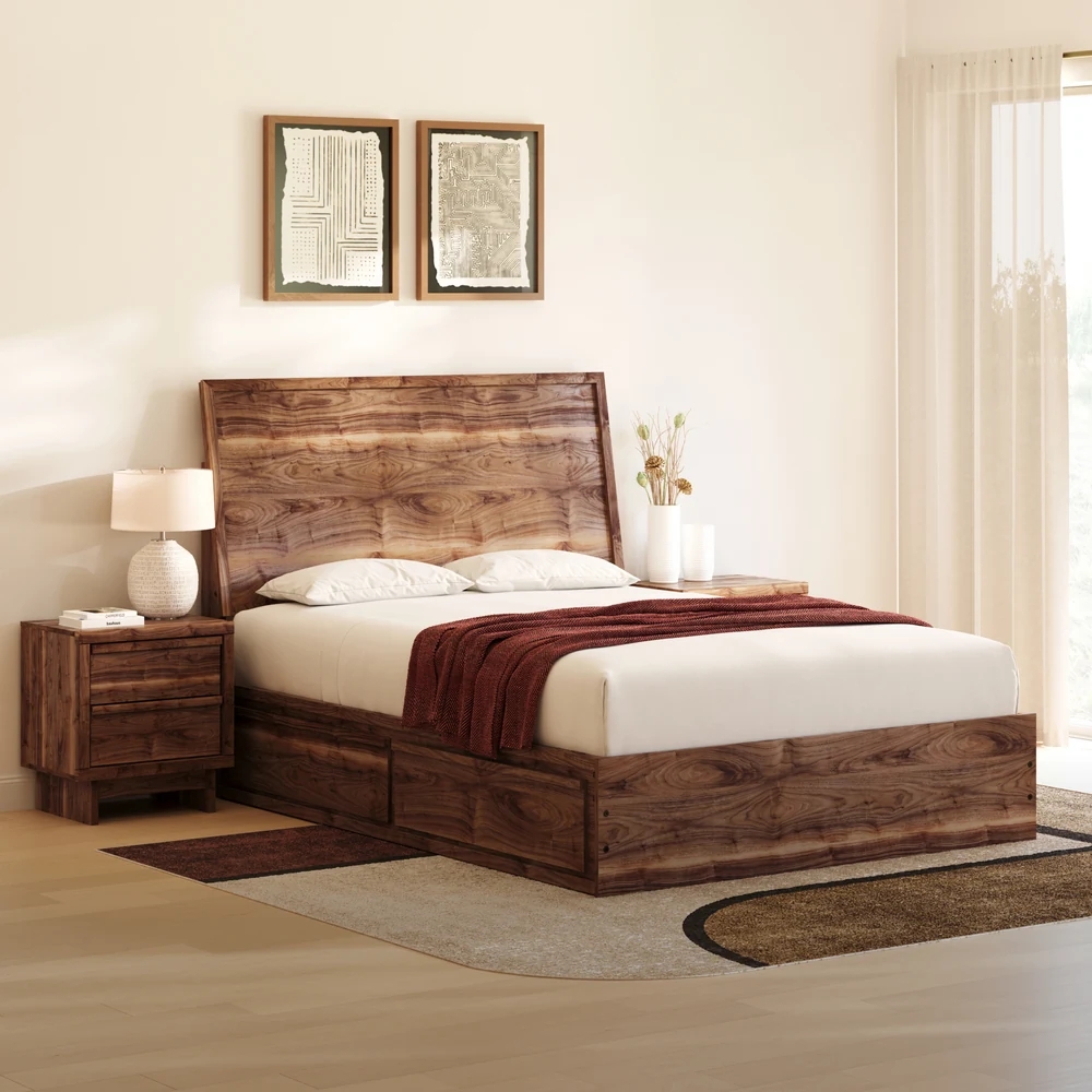 Storage Bed Dark Horizontal Grain Headboard | Walnut Bed Frame