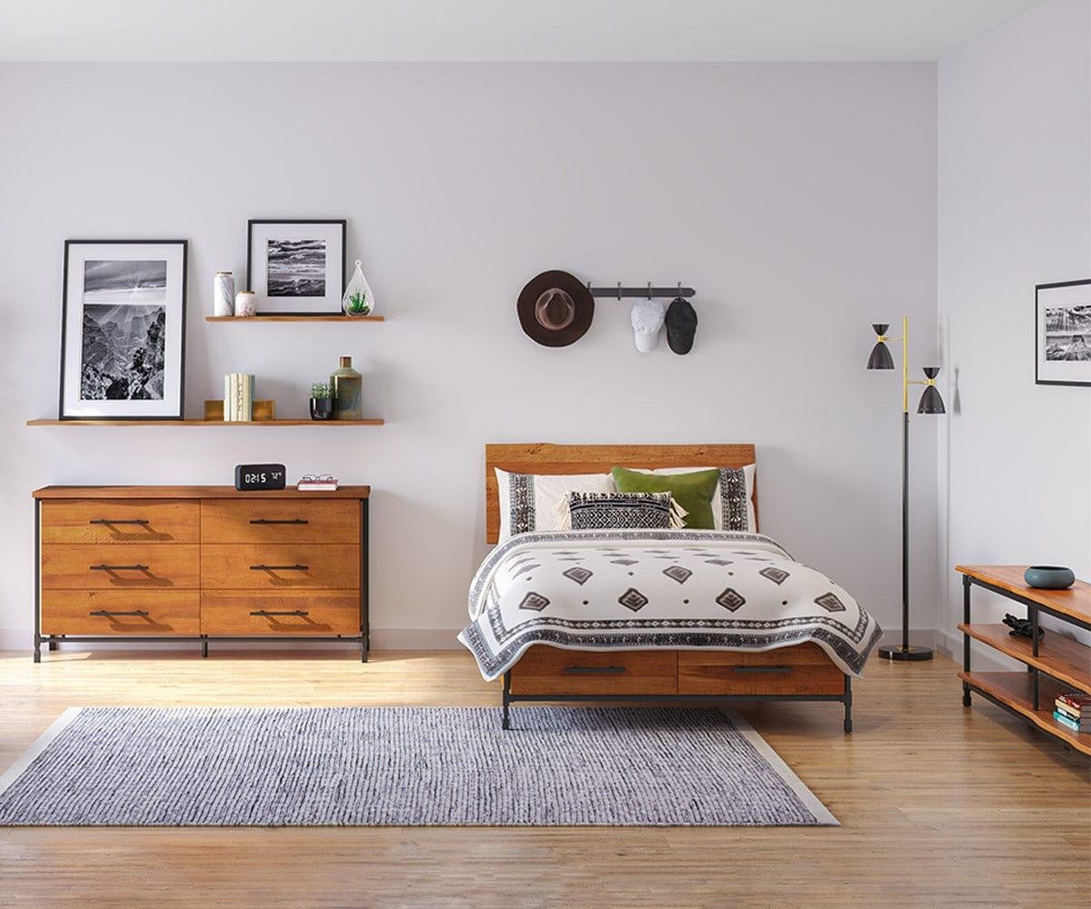 Storage Bed Honey Tone With Black Metal Accents | Honey Wood Bed