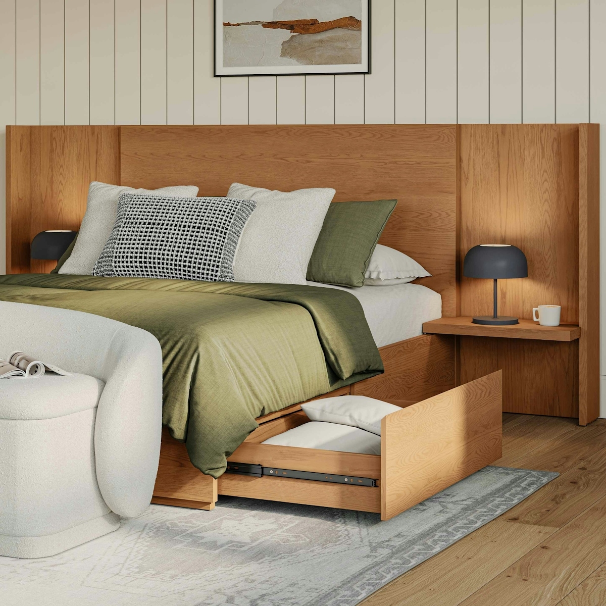 Storage Bed: Smoked Oak with Underbed Drawer Organization