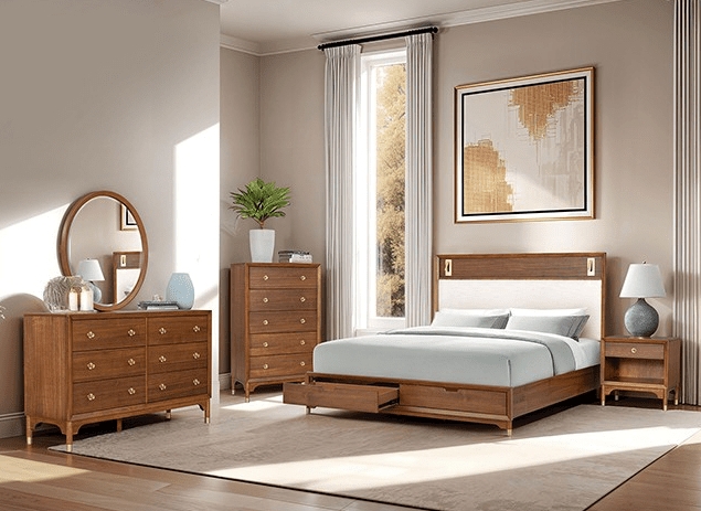 Storage Bed Walnut Integrated Headboard Lighting | MCM Bed Frame
