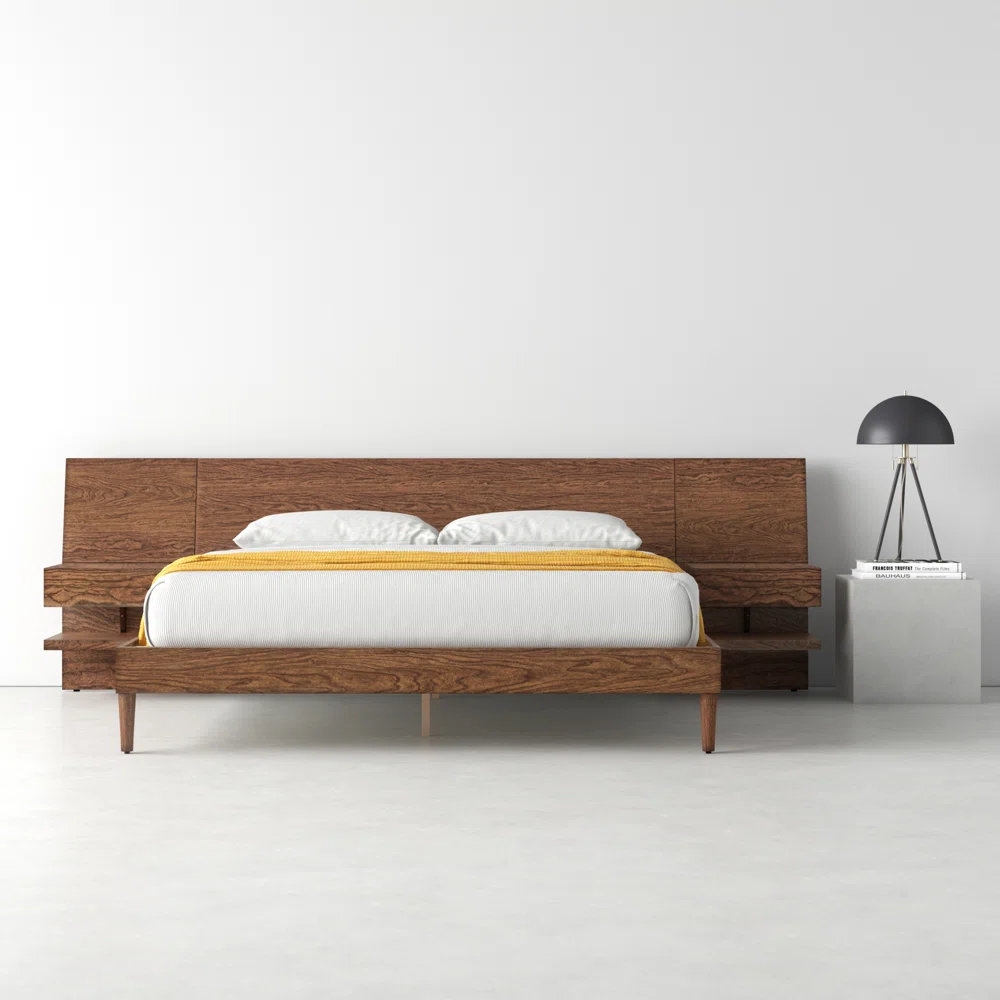 Storage Bed: Walnut Integrated Nightstand and Wide Headboard