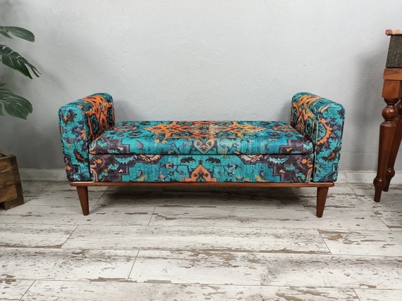 Storage Bench featuring Kilim Pattern and Aqua Kilim Bench