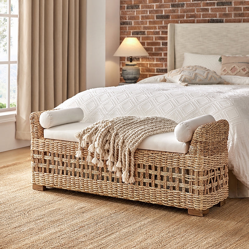 Storage Bench with Bolster Pillows and Boho Lattice Weave