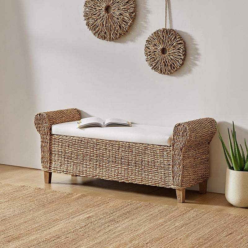 Storage Bench with Rolled Arms and Natural Rattan Weave