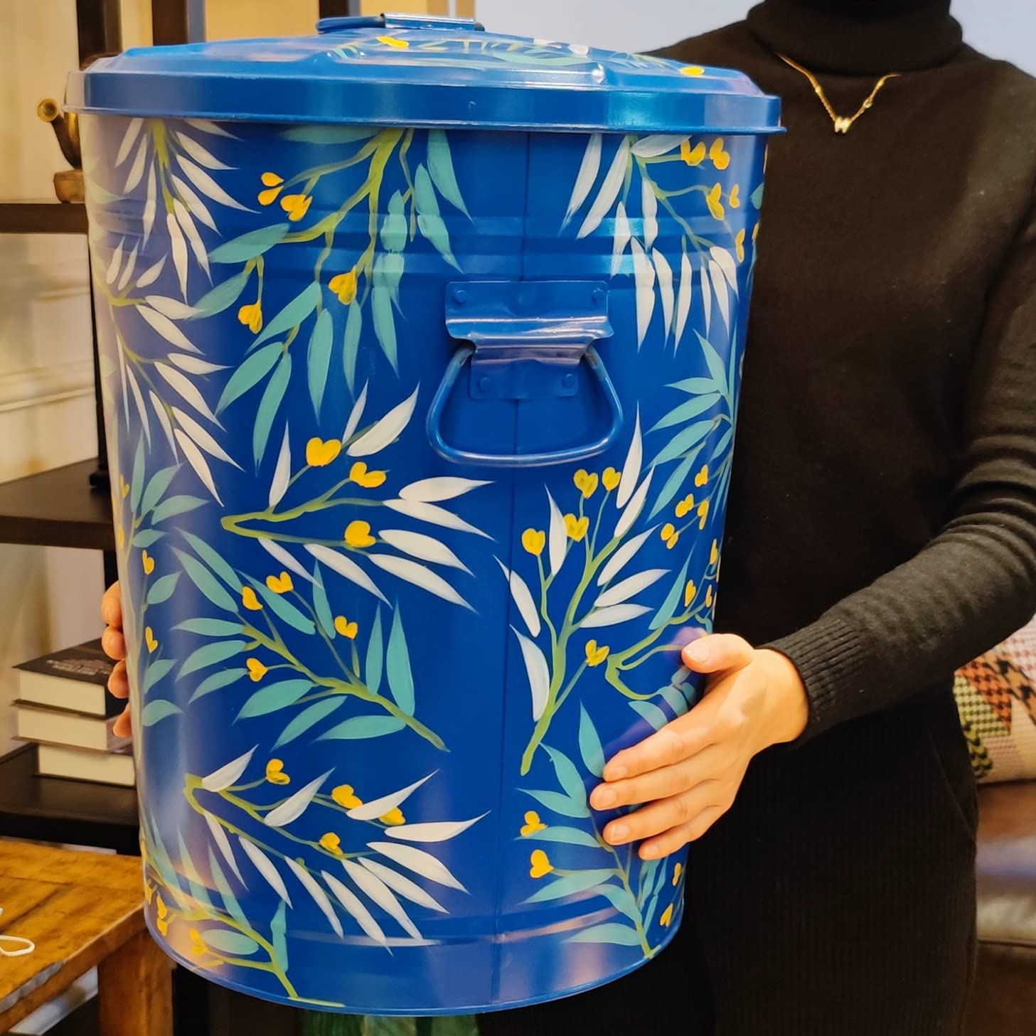Storage Bin with Hand Painted Motif Cobalt Blue Kitchen Storage