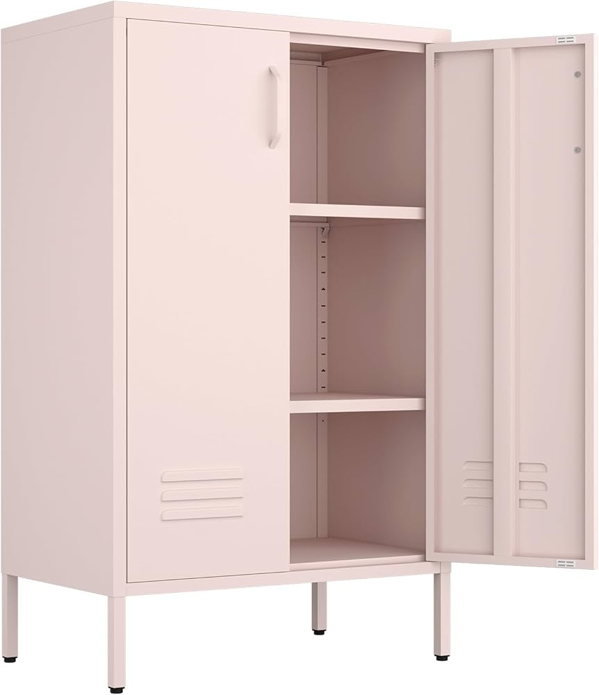 Storage Cabinet in Soft Pink Metal with Louvered Vents