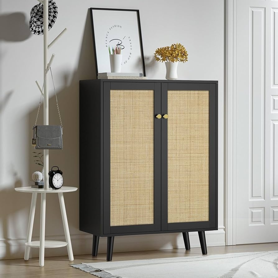 Storage Cabinet Matte Black Rattan Panels Cane Door Sideboard