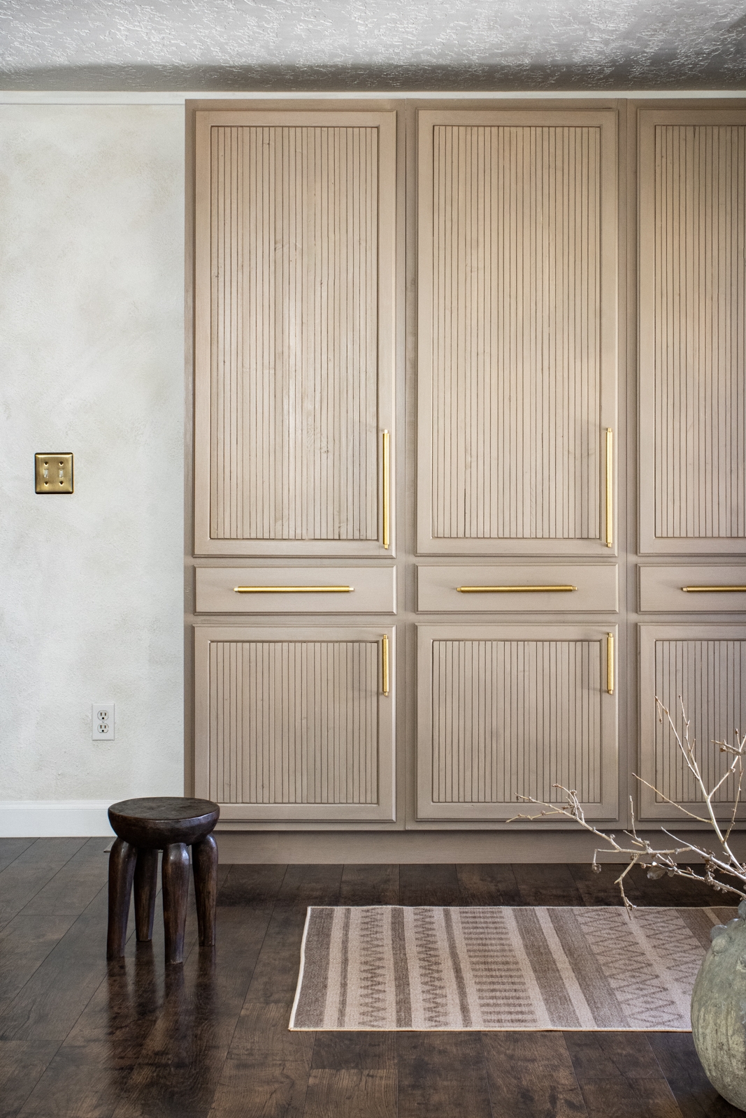Storage Cabinet Mushroom Taupe Reeded Panels Built-in Cabinetry