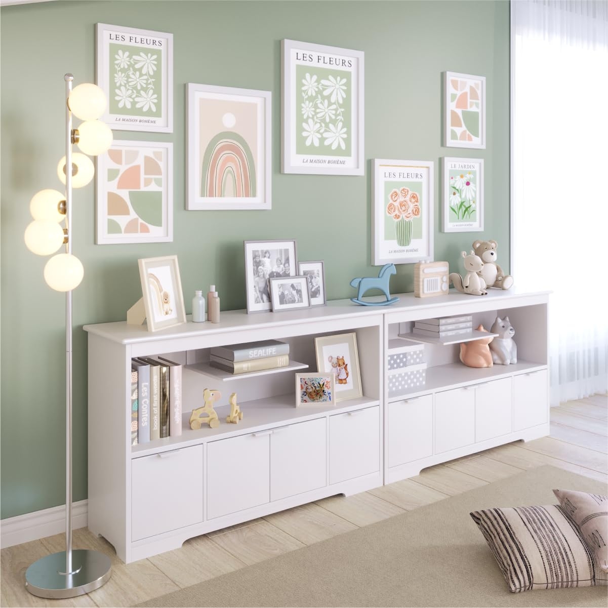Storage Console with Dual Unit Configuration and White Modular Storage