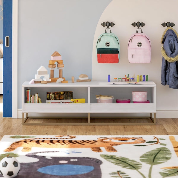 Storage Console with Open Front Storage and White and Gold Toy Storage