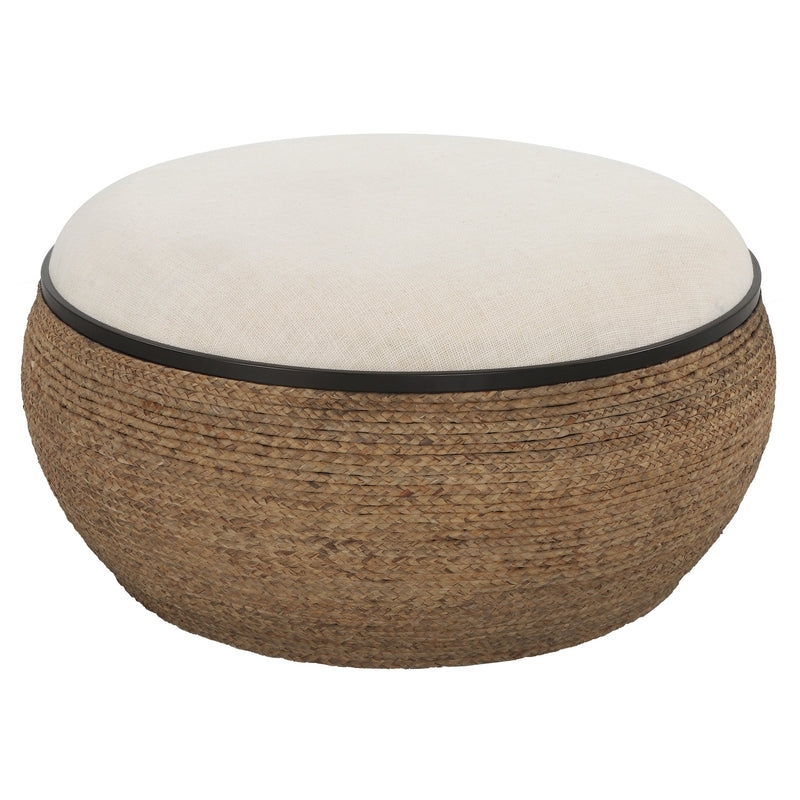 Storage Ottoman Coiled Straw Base Domed Upholstered Lid
