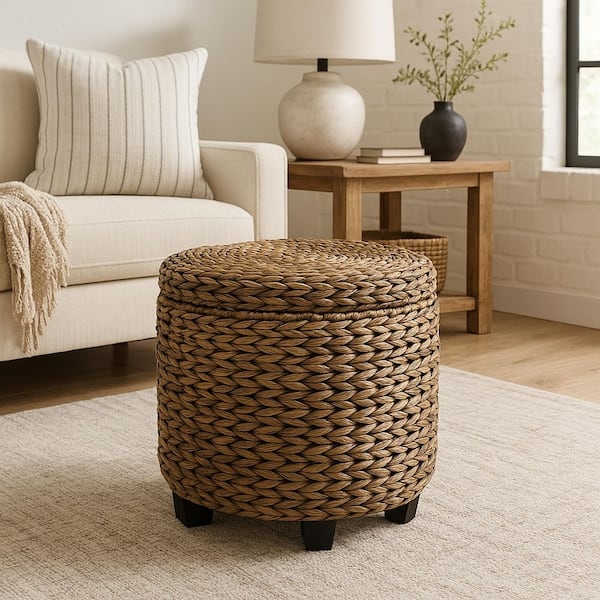 Storage Ottoman Water Hyacinth Weave Brown Wash Hidden