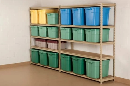 Storage Shelving with Almond Finish Metal and Color Coded Bins